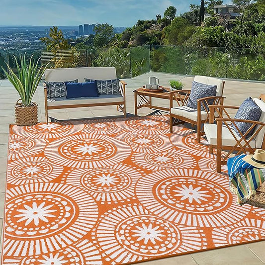 Ileading Large Plastic Outdoor Rug 8x10ft Modern Geometric Style Reversible Patio Area Rugs Waterproof Non Shedding Portable Carpets for Rv Outside Deck Pool Beach Picnic Camping (Orange)