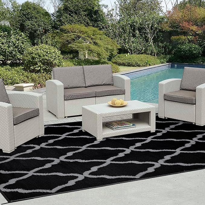Easy-Going Reversible Outdoor Rugs 9x12ft Waterproof Plastic Straw Rug Stain & UV Resistant Floor Mat for Patio Porch RV Backyard Pool Deck Picnic Beach Trailer Camping (Moroccan Black & Light Grey)