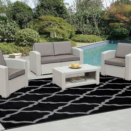 Easy-Going Reversible Outdoor Rugs 5x8ft Waterproof Plastic Straw Rug Stain & UV Resistant Floor Mat for Patio Porch RV Backyard Pool Deck Picnic Beach Trailer Camping (Moroccan Black & Light Grey)