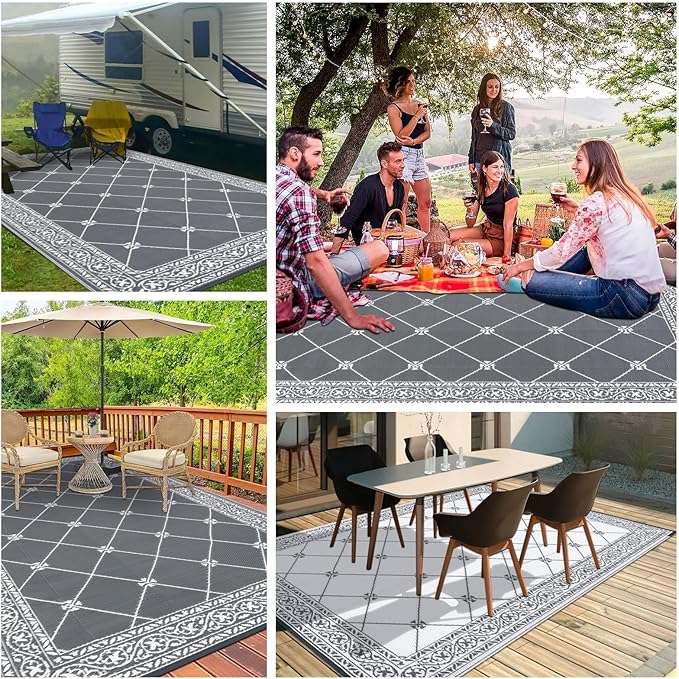 HiiARug Reversible Mats Outdoor Rug 6'x9' for Patio Plastic Straw Patio Rugs Outdoor Rugs Large Floor Mat for Ourdoor Decor,Garden, Patio, Backyard, Deck, Picnic, RV, Camping (Grey)