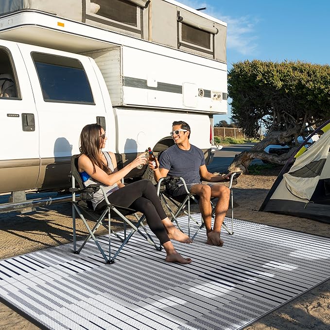 GENIMO Outdoor Rug for Patio Clearance, 6'x9' Waterproof Camping Mat, Reversible Plastic Straw Rugs for RV, Camper, Balcony, Backyard, Picnic, Deck (Blue&White)