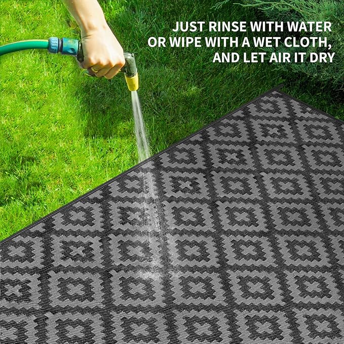 Outdoor Patio Plastic Straw Rug - 4'x6' Outdoor Camping Rug Waterproof Reversible, Area Carpet Patios Clearance RV, Outside Porch Balcony Deck for Camper, Black & Grey