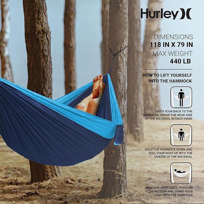 Hurley Duo Camping Hammock - 2 Person Portable Hammock for Camping, Heavy Duty Hammock, Parachute Nylon Fabric - Camping Accessories for Outdoor Activity - Holds Up to 400lbs, Monsoon Blue, 118 x 79