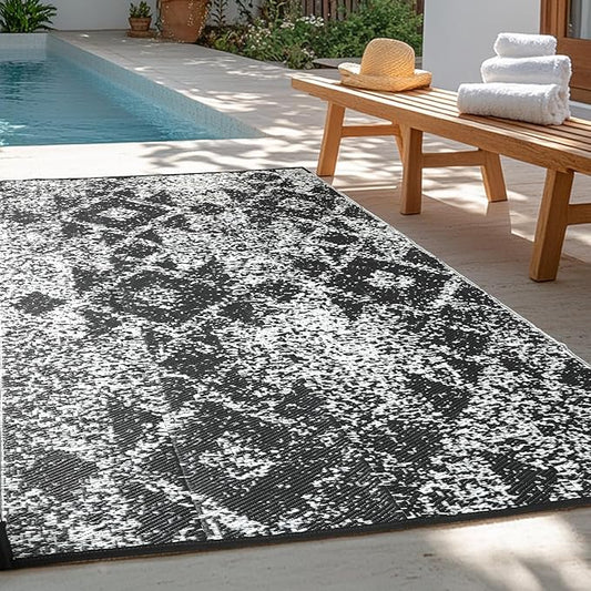 Waterproof Outdoor Rug 4x6 ft, Reversible Plastic Straw Rug, Easy to Clean Patio Rug, Portable Carpet for Patio, RV, Deck, Balcony, Backyard, Picnic, Beach, Mosaic, Gray