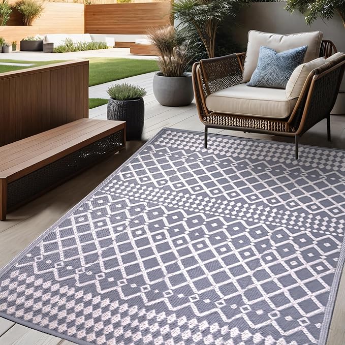 RURALITY Outdoor Rugs 5x8 Waterproof for Patios Clearance,Plastic Straw Mats for Backyard,Porch,Deck,Balcony,Reversible,Bohemia