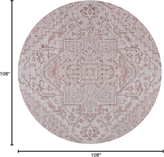 JONATHAN Y SMB105A-9R Estrella Bohemian Medallion Textured Weave Red/Taupe 9' Round Indoor/Outdoor Area Rug, Pet Friendly, Non-Shedding, Stain Resistant, Easy-Cleaning for Backyard, Patio, Porch