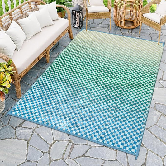 Wonnitar Waterproof Outdoor Rug 6x9 - Blue Yellow Gradient Checkered RV Camping Rug, Reversible Plastic Straw Patio Mat for Poolside Deck, Portable Lightweight Colorful Outdoor Carpet