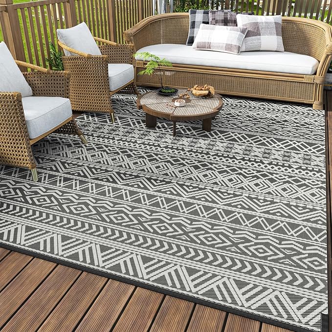 MontVoo Outdoor Rug 8x10 Waterproof Outdoor Patio Rug Mat Reverisble Plastic Straw Outdoor Rug for RV Camping Picnic Beach Balcony Boho Grey