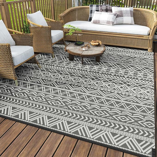 MontVoo Outdoor Rug Carpet Waterproof 5x8 Outdoor Patio Rug Mat Reverisble Plastic Straw Outdoor Rug for RV Camping Picnic Beach Balcony Boho Grey