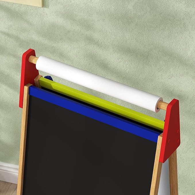 Qaba Easel for Kids, 3 in 1 Kids Art Easel with Paper Roll, Whiteboard, Chalkboard, Double Sided & Adjustable Height Wooden Toddler Easel with Painting Accessories, for Kids 3-8 Years, Nature Wood