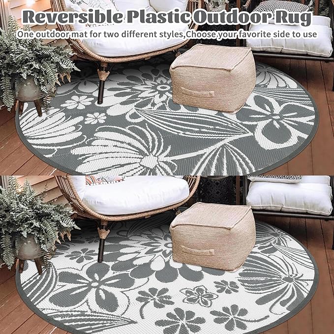Ileading Round Outdoor Plastic Straw Rug 6ft Funny Floral Style Reversible Patio Area Rugs Waterproof Non Shedding Portable Carpets for Rv Outside Deck Pool Beach Picnic Camping (Grey)