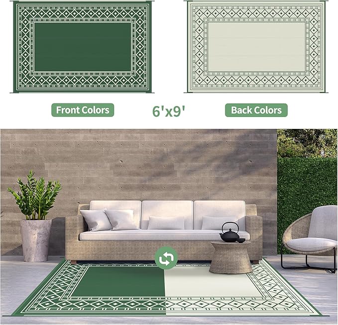 GENIMO Outdoor Rug Waterproof 6'x9' for Patio, Foldable Reversible Plastic Straw Carpet for Travel Trailers, Outside Area Mat for Rv, Deck, Picnic, Porch, Camper, Balcony, Beach, Green & Yellow