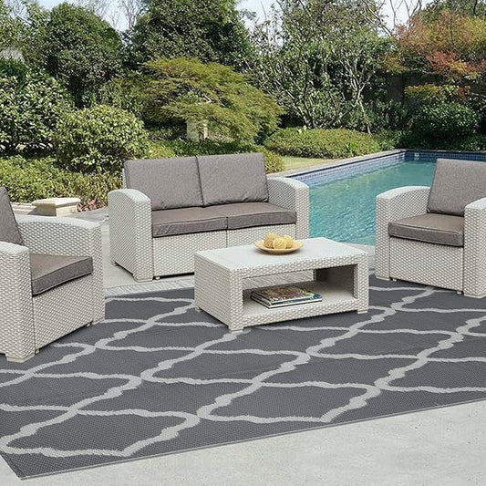 Easy-Going Reversible Outdoor Rugs 4x6ft Waterproof Plastic Straw Rug Stain & UV Resistant Floor Mat for Patio Porch RV Backyard Pool Deck Picnic Beach Trailer Camping (Moroccan Grey & Light Grey)