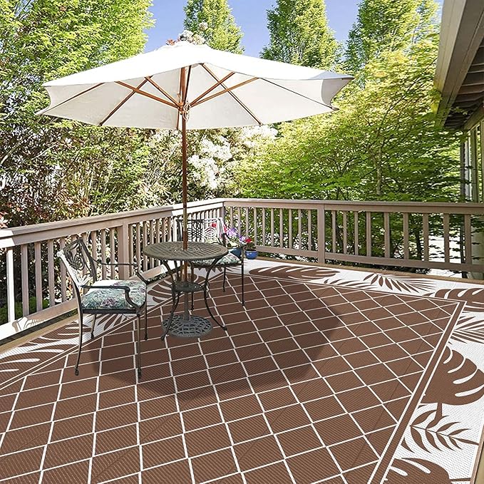 Ileading Outdoor Rug Carpet for Patio 9'x12' Waterproof Reversible Plastic Straw Rug Portable Outside Area Rug Camping Mat for Patio, Clearance, Balcony, Picnic, Pool, Beach, RV, Deck, Brown