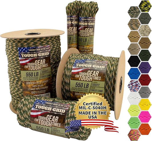 TOUGH-GRID Premium Forest Camo Paracord 550 lbs Made in USA Outdoor Survival Nylon Rope Tactical Heavy Duty Strands Parachute Cord Used by US Military Type III Mil-Spec