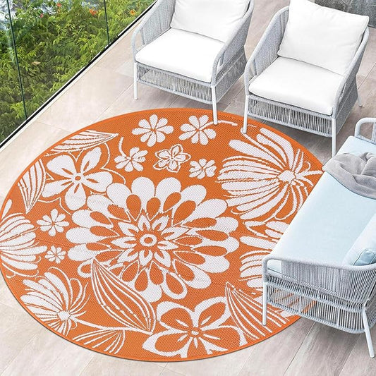 Ileading Round Outdoor Plastic Straw Rug 6ft Funny Floral Style Reversible Patio Area Rugs Waterproof Non Shedding Portable Carpets for Rv Outside Deck Pool Beach Picnic Camping (Orange)
