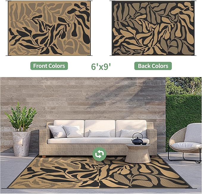 GENIMO Outdoor Rug 6' x 9' Waterproof for Patio Clearance, Reversible Plastic Straw Camping Carpet, Lightweight Mats for Rv, Backyard, Deck, Porch, Picnic, Beach, Balcony, Black & Brown