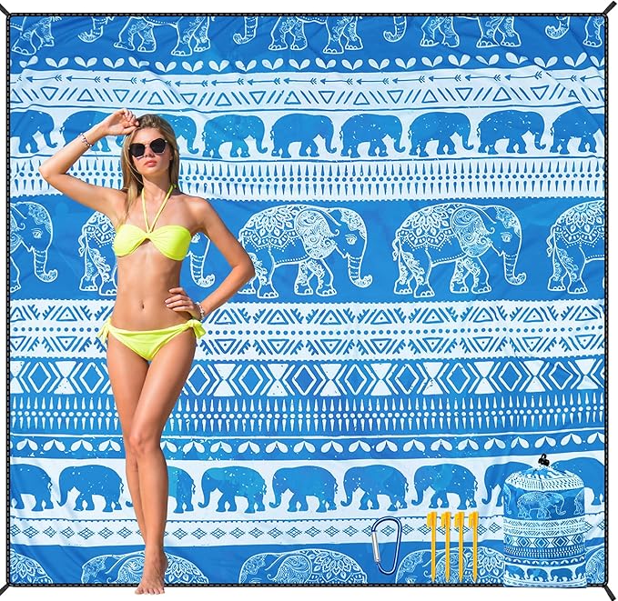 Beach Blanket Waterproof Sandproof Beach Mat for 1-8 Adults Quick Drying Durable Outdoor Picnic Mat for Beach Festival Travel Camping Hiking (Elephant-GC BL, 79"×83"(4 Person))
