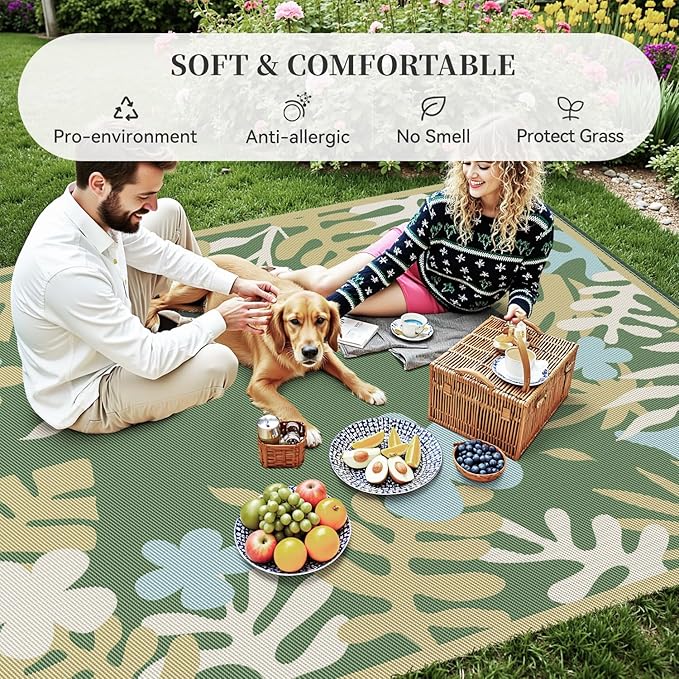 MontVoo Outdoor Rug Waterproof 5x8 ft RV Outdoor Rug for Camping Picnic Mat Outdoor Patio Rug Carpet Plastic Straw Reversible Floral Green Yellow