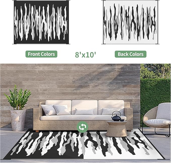 GENIMO Outdoor Rug for Patio Clearance, 8'x10' Waterproof Camping Mat, Reversible Plastic Straw Rugs for RV, Camper, Balcony, Backyard, Picnic, Deck (Black&White)