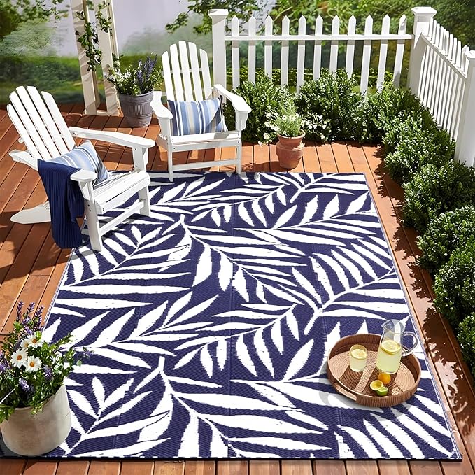 OLANLY Waterproof Outdoor Rug 5x8 ft, Reversible Outdoor Plastic Straw Rug with Leaf Pattern, RV Mat, Indoor Outdoor Carpet for Patio, Camping, Balcony, Deck, Backyard, Navy & White