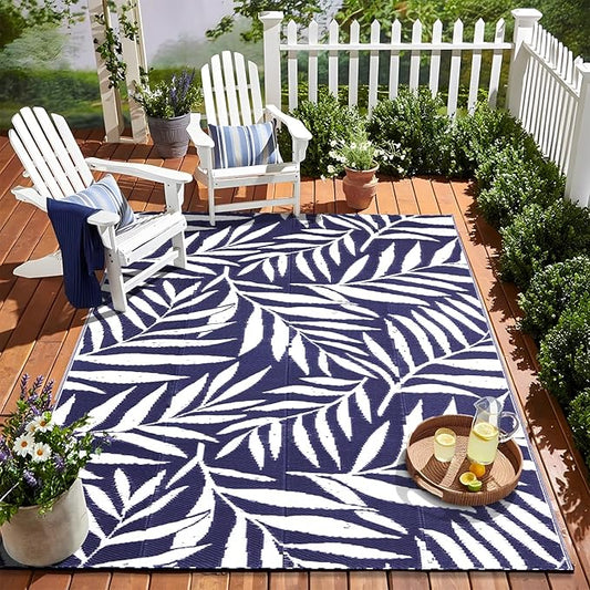 OLANLY Waterproof Outdoor Rug 5x8 ft, Reversible Outdoor Plastic Straw Rug with Leaf Pattern, RV Mat, Indoor Outdoor Carpet for Patio, Camping, Balcony, Deck, Backyard, Navy & White