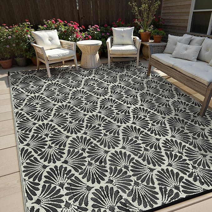 Lahome Patio Rugs Outdoor 8x10 Waterproof, Boho Outdoor Rug for Camping Beach, Plastic Straw Stain Resistant Mats for Outside Rv Backyard Garden Under Awning, Black White,8'x10'