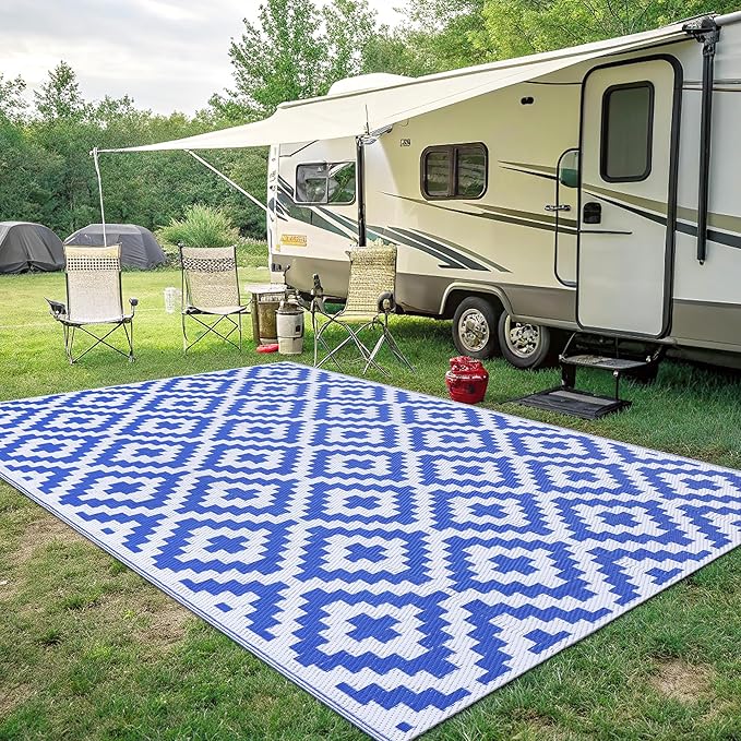 Smiry Waterproof Outdoor Rug 8x10 ft, Reversible Plastic Straw Patio Camping Rugs, Outdoor Indoor RV Mat Carpet for Patio, Outside Entry, Backyard, Deck, Bench, Picnic, Camper, White & Blue