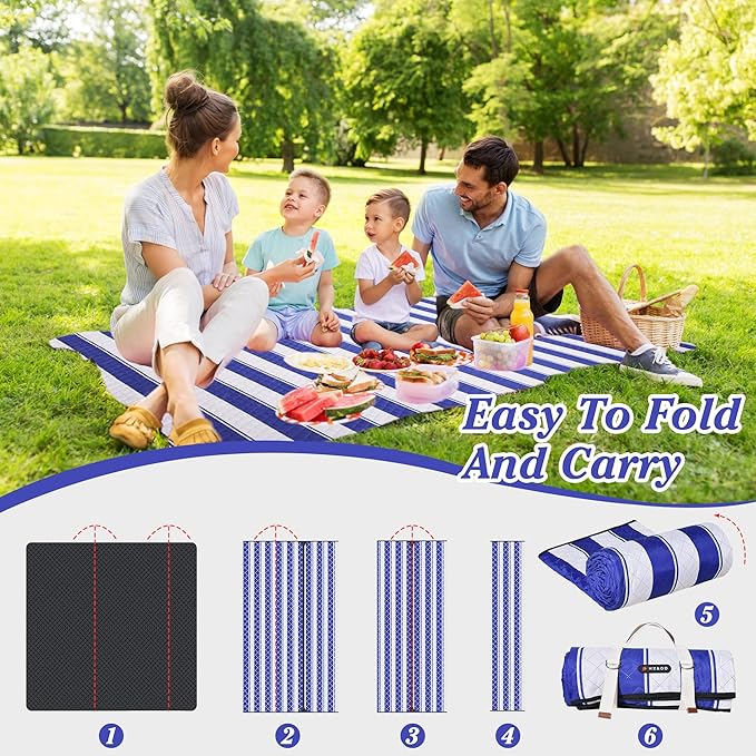 HX&OD Outdoor Picnic Blanket Extra Large, 80”x80” Waterproof Picnic Mat Foldable Camping Blanket Portable with Carry Strap for Beach Mat (Bright Blue&White)