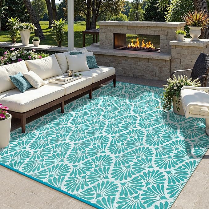 Lahome Outdoor Plastic Straw Rugs 8x10 Waterproof, Reversible Rv Outdoor Rugs for Camping, Large Outside Carpet for Camper Picnic Beach Pool Patio Deck, Teal 8'x10'