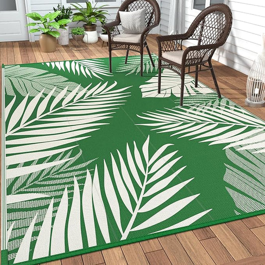 GENIMO Outdoor Rug 10' x 14' Waterproof for Patios Clearance, Reversible Outdoor Plastic Straw Camping Rug Carpet, Large Area Rugs Mats for RV, Camper, Deck, Balcony, Porch, Beach, Dark Green&White