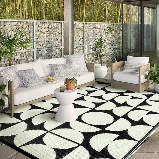 Wonnitar 8x10 Outdoor Rug, Large Waterproof Reversible Outdoor Patio Area Rug, Indoor/Outdoor Plastic Straw Portable Camping Rug for Outside RV Balcony Garden Deck (Black & White,8'x10')