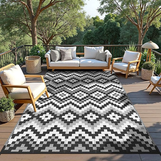 GENIMO Outdoor Rug Waterproof 9x12 ft, Lightweight Plastic Straw Rugs, Outside Reversible Large Mat Carpet for Patio, Camping, RV, Deck, Balcony, Porch, Backyard, Black & White