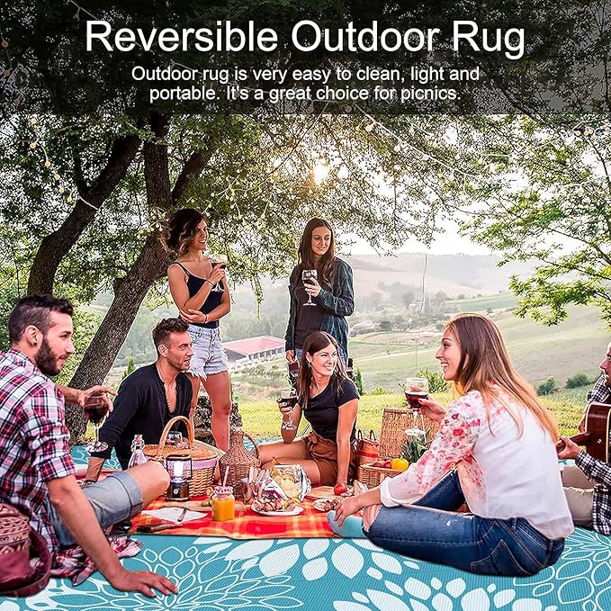 Ileading Reversible Outdoor Rug 9x12Ft Waterproof Patio Rug Carpet Portable Outdoor Plastic Straw Rug Large RV Camping Mat Rug for Patio, Clearance, Deck, Beach, Porch, Camping, Picnic, Teal