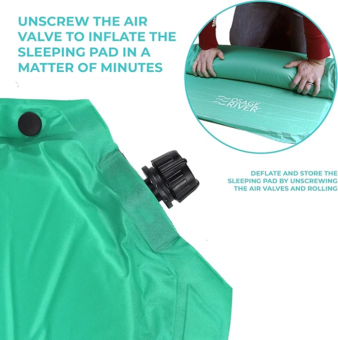 OSAGE RIVER Self Inflating Sleeping Pad with Built-in Pillow, Compact Memory Foam Sleep Mat, Camping Air Mattress for Tent, Travel, Backpacking, or Hiking