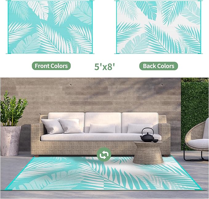 GENIMO Outdoor Rug 5' x 8' Waterproof for Patios Clearance, Reversible Outdoor Plastic Straw Camping Rug Carpet, Large Area Rugs Mats for RV, Picnic, Backyard, Deck, Balcony, Porch, Aqua Blue&White