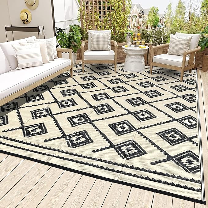 LILIOFFIC Outdoor Rugs - Reversible Mats, 5'x8' Plastic Straw Rug for Patio Clearance Waterproof, Indoor Outdoor Area Rug Carpet for Outside, RV, Deck, Picnic, Beach, Trailer, Camping(Black & Beige)