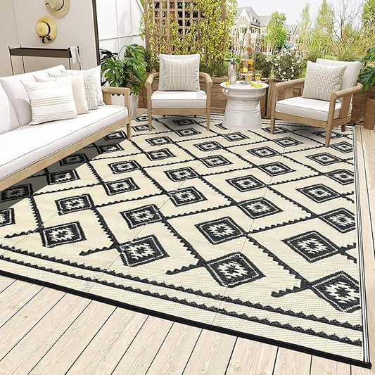 LILIOFFIC Outdoor Rugs - Reversible Mats, 5'x8' Plastic Straw Rug for Patio Clearance Waterproof, Indoor Outdoor Area Rug Carpet for Outside, RV, Deck, Picnic, Beach, Trailer, Camping(Black & Beige)