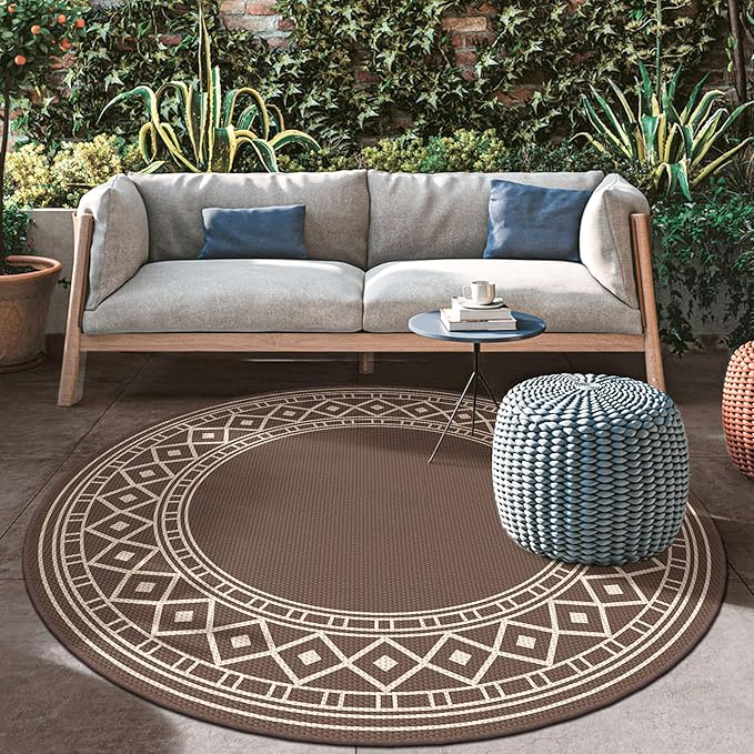 GENIMO Outdoor Rug Waterproof for Patio Decor, Round 10' Foldable Reversible Plastic Straw Carpet, Outside Area Mat for Rv, Deck, Picnic, Porch, Camper, Balcony, Beach, Coffee & Brown