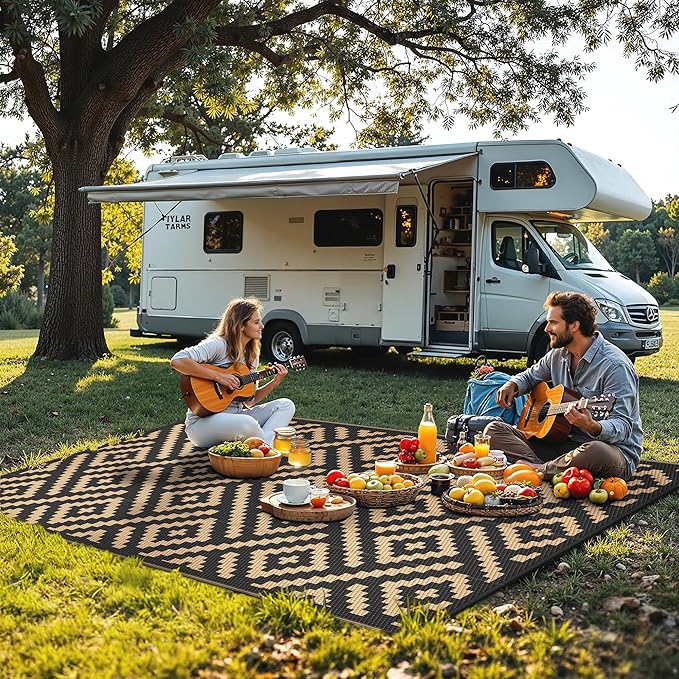 Outdoor Rug for Patio - Waterproof Plastic Straw Camping Rugs 4x6 ft, Reversible Outdoor Indoor RV Mat Carpet for Patio, Porch, Deck, Balcony, Picnic, Beach, Black Brown