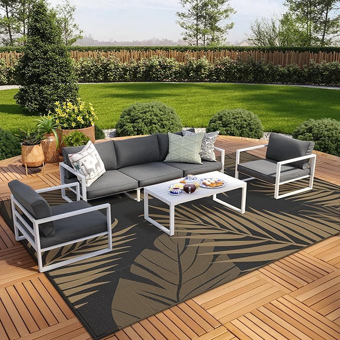 GENIMO Outdoor Rug 9' x 18' Waterproof for Patios Clearance, Reversible Outdoor Plastic Straw Camping Rug Carpet, Large Area Rugs Mats for RV, Camper, Deck, Balcony, Porch, Beach, Picnic, Black&Brown