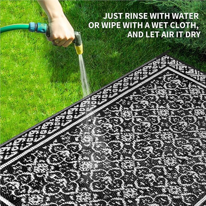 Outdoor Patio Plastic Straw Rug - 6'x9' Outdoor Camping Rug Waterproof Reversible, Area Carpet Patios Clearance RV, Outside Porch Balcony Deck for Camper, Classic Black & White