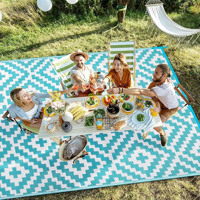 Outdoor Patio Plastic Straw Rug - 9'x12' Outdoor Camping Rug Waterproof Reversible, Area Carpet Patios Clearance RV, Outside Porch Balcony Deck for Camper, Blue & White