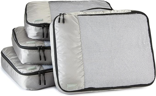Amazon Basics 4 Piece Packing Cubes Travel Organizer Set with Double Zipper, Mesh Top, Large, Gray