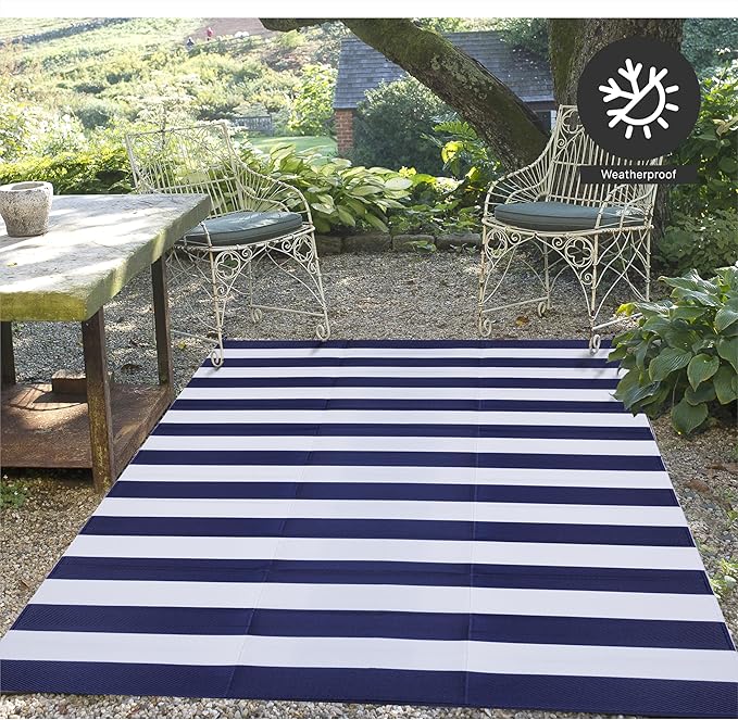 FH Home Outdoor Camping Rug - Waterproof, Fade Resistant, Reversible - Premium Recycled Plastic - Striped - Large Patio, Deck, Sunroom, RV - Brittany Stripe - Blue & White - 9 x 12 ft Foldable
