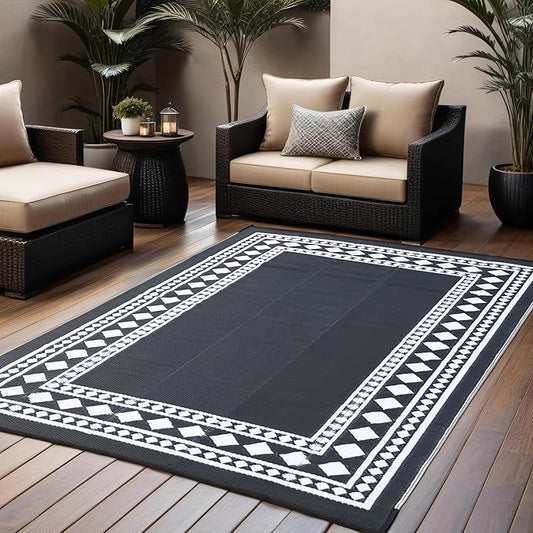 RURALITY Outdoor Rugs 5x8 Waterproof for Patios Clearance,Plastic Straw Mats for Backyard,Porch,Deck,Balcony,Black and White
