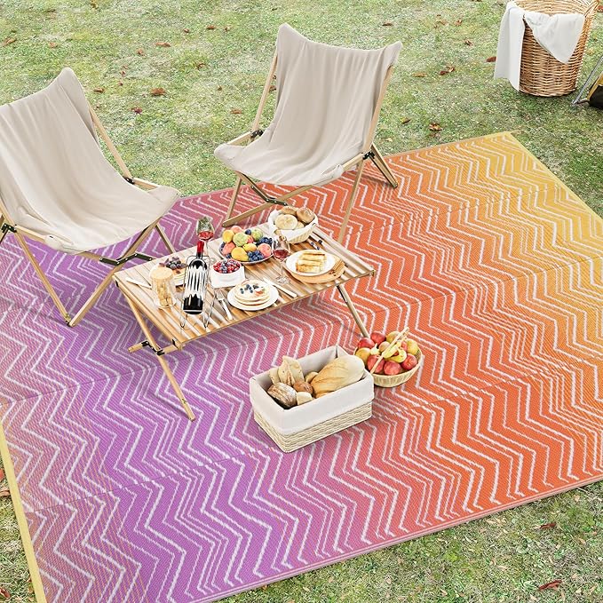 Lahome Colorful Outdoor Plastic Straw Rug, Reversible Outdoor Area Rug Waterproof 6x9 Patio Rugs, Camping Rugs for RV Backyard Deck Porch Picnic Beach Trailer (Orange/Purple, 6' x 9')