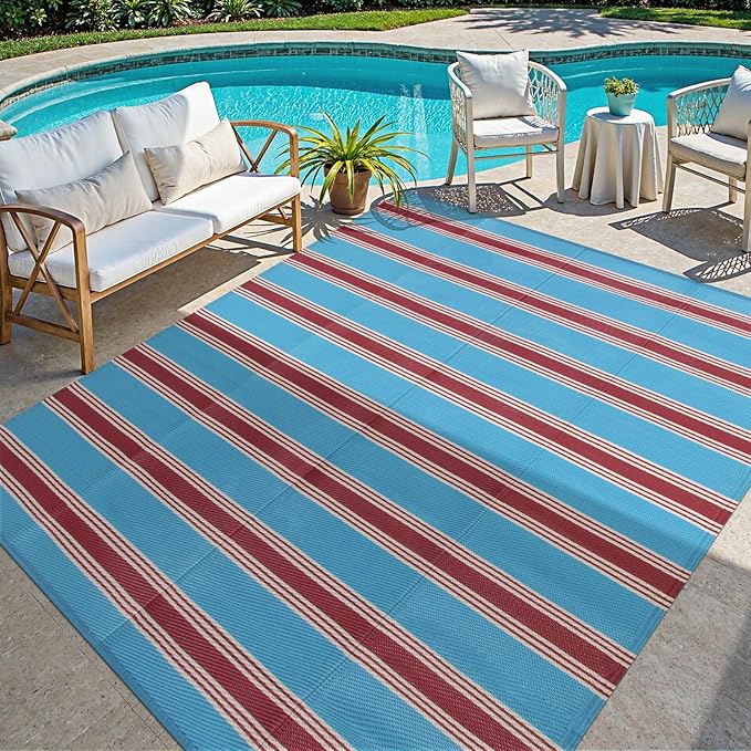 Lahome Striped Outdoor Rug Waterproof, 6x9 Reversible Outdoor Plastic Straw Rug for Camping, RV Patio Rugs Large Carpet for Porch Deck Backyard Balcony Picnic(Blue/Red,6'x 9')