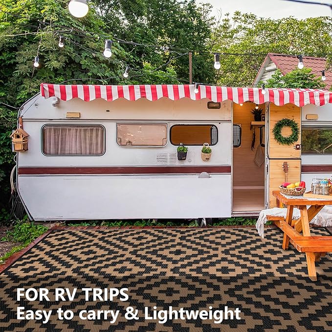 Outdoor Patio Plastic Straw Rug - 9'x18' Outdoor Camping Rug Waterproof Reversible, Area Carpet Patios Clearance RV, Outside Porch Balcony Deck for Camper, Black & Brown