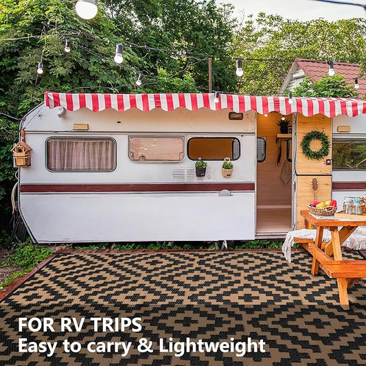 Outdoor Patio Plastic Straw Rug - 8'x10' Outdoor Camping Rug Waterproof Reversible, Area Carpet Patios Clearance RV, Outside Porch Balcony Deck for Camper, Black & Brown